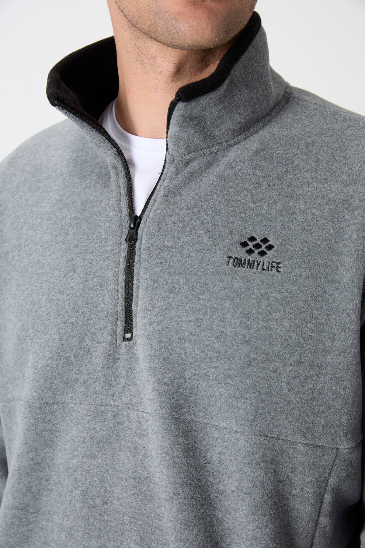 Gri Melanj Yarım Fermuarlı Sweatshirt Slim Fit Dik Yaka Erkek Polar - 87891