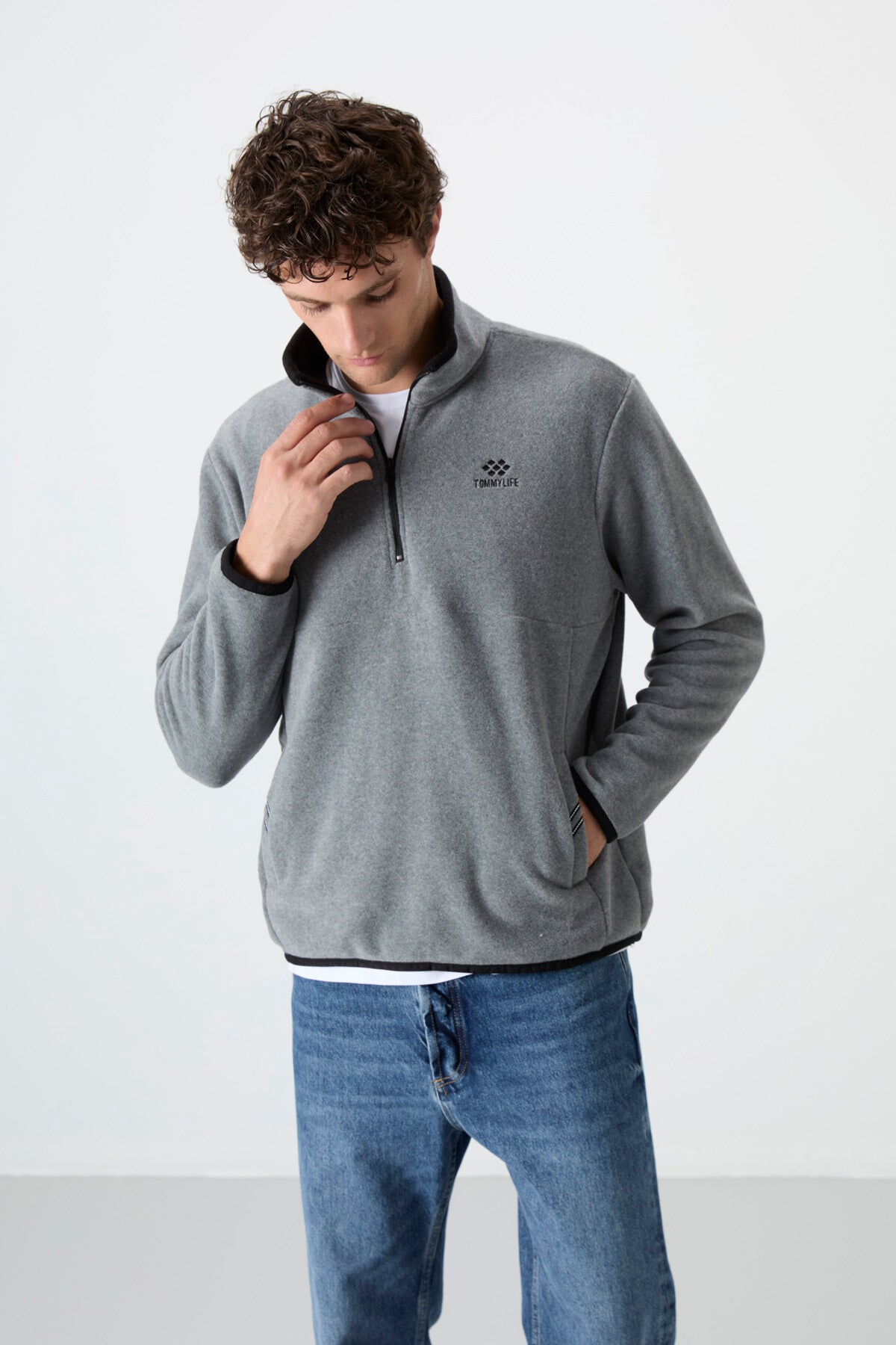 Gri Melanj Yarım Fermuarlı Sweatshirt Slim Fit Dik Yaka Erkek Polar - 87891