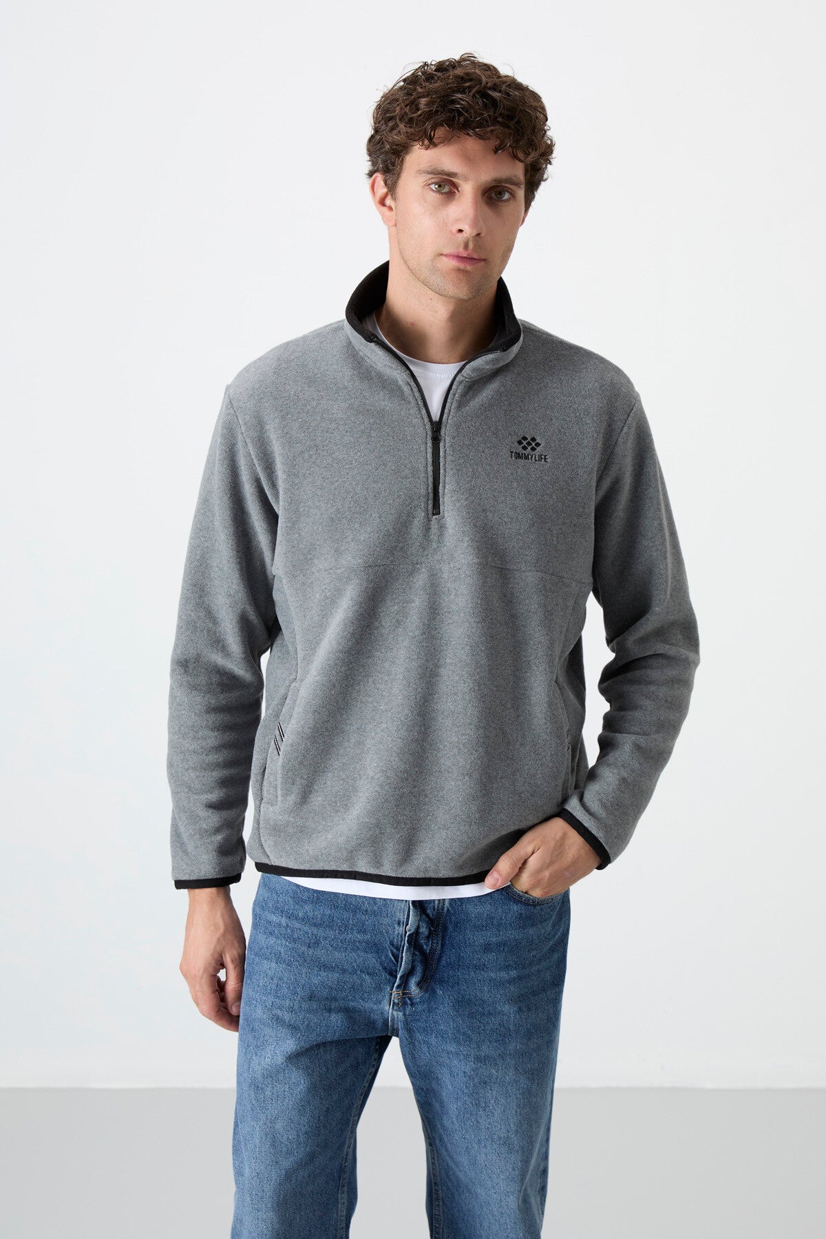 Gri Melanj Yarım Fermuarlı Sweatshirt Slim Fit Dik Yaka Erkek Polar - 87891