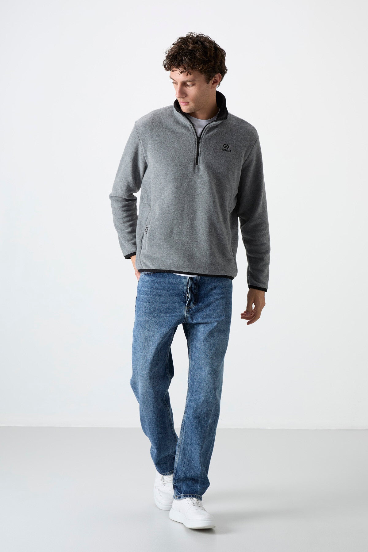 Gri Melanj Yarım Fermuarlı Sweatshirt Slim Fit Dik Yaka Erkek Polar - 87891