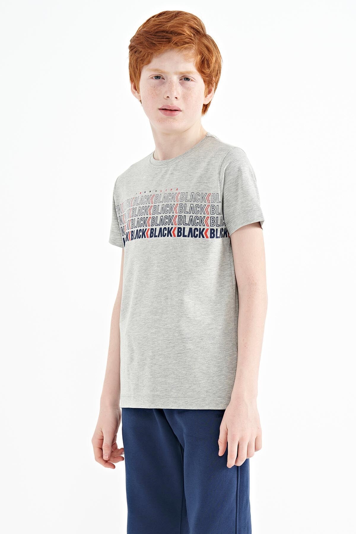 Gri Melanj Yazı Baskılı O Yaka Standart Kalıp Erkek Çocuk T-Shirt - 11149