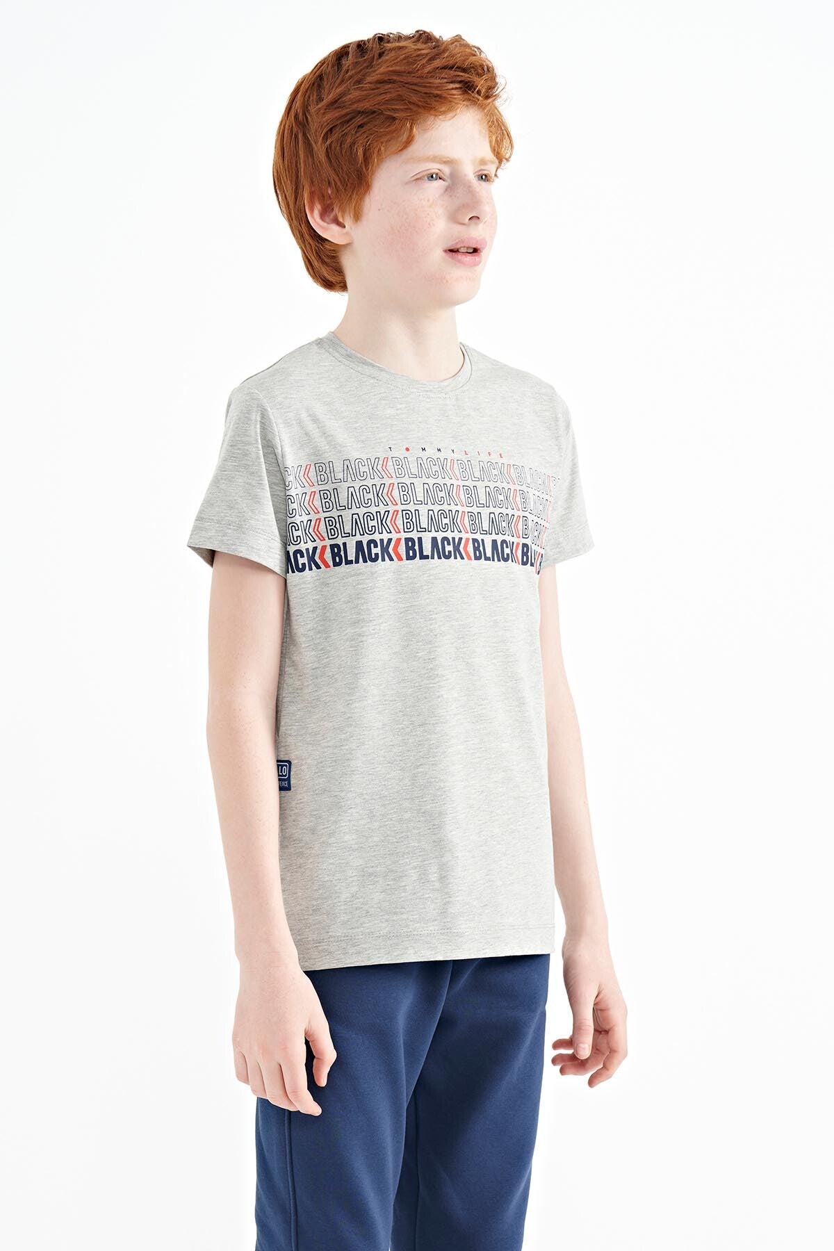 Gri Melanj Yazı Baskılı O Yaka Standart Kalıp Erkek Çocuk T-Shirt - 11149