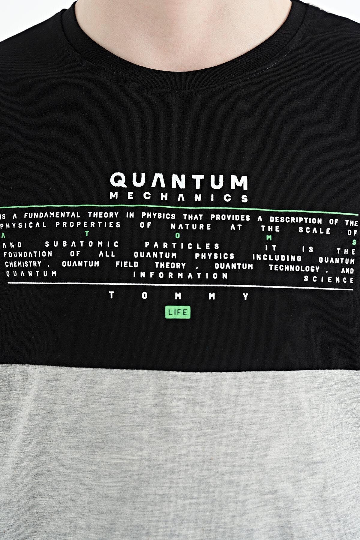 Gri Melanj Yazı Baskılı Renk Bloklu Standart Kalıp O Yaka Erkek Çocuk T-Shirt - 11134