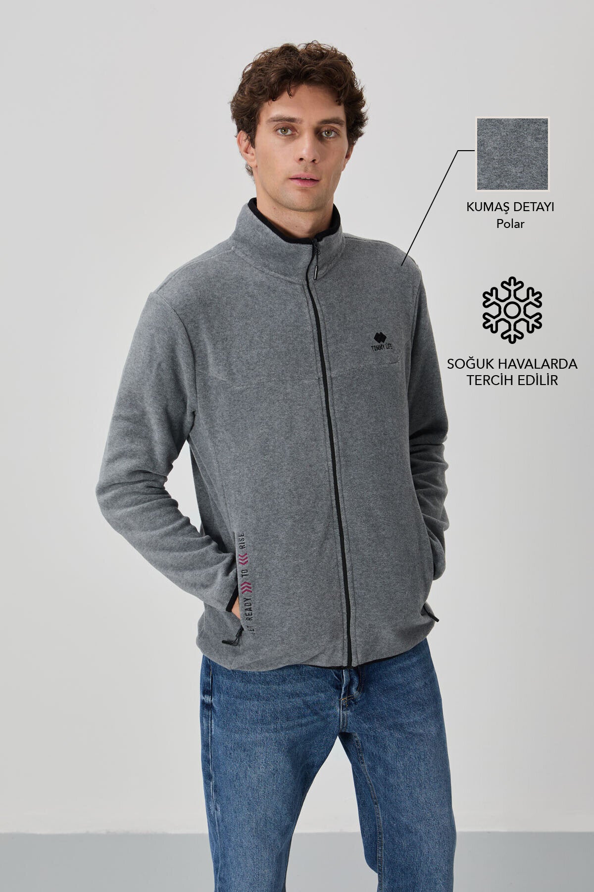 Gri Melanj Yazı Nakışlı Dik Yaka Fermuarlı Standart Kalıp Erkek Sweatshirt Polar - 87992