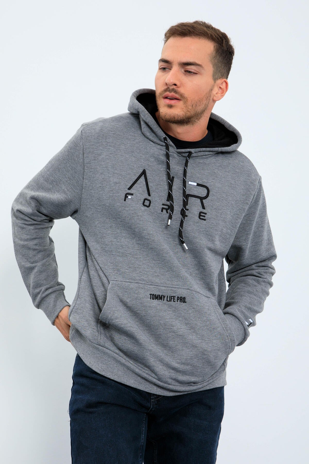 Gri Melanj Yazı Nakışlı Standart Kalıp Kapüşonlu Erkek Sweatshirt - 87838