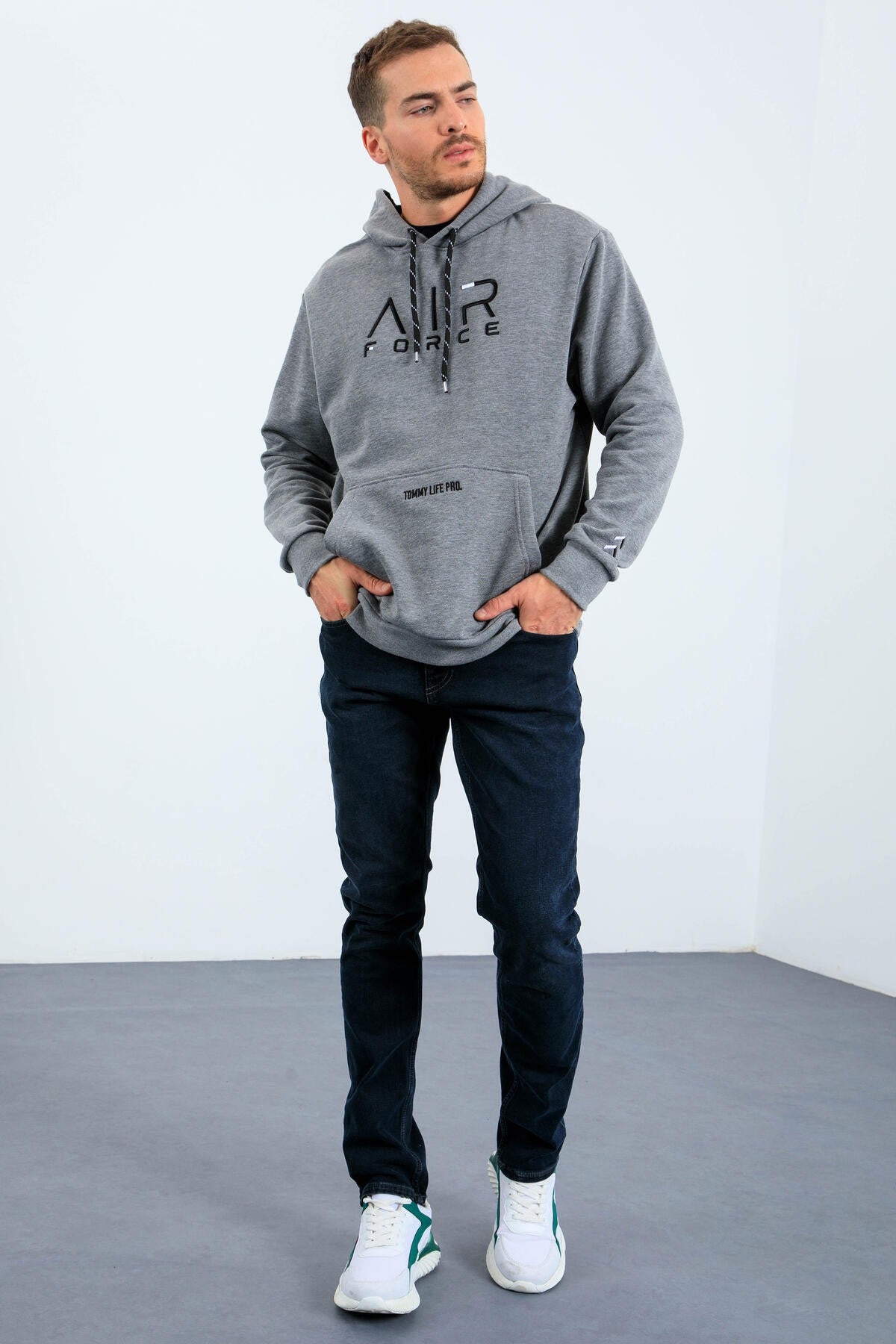 Gri Melanj Yazı Nakışlı Standart Kalıp Kapüşonlu Erkek Sweatshirt - 87838