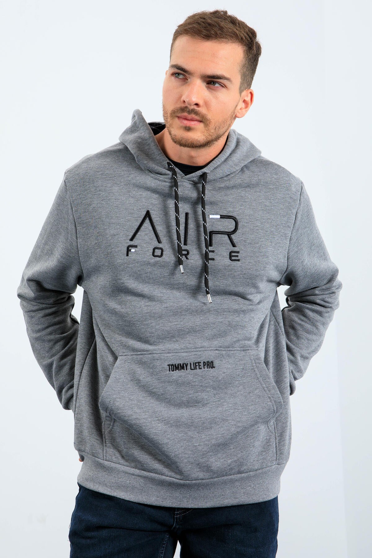 Gri Melanj Yazı Nakışlı Standart Kalıp Kapüşonlu Erkek Sweatshirt - 87838