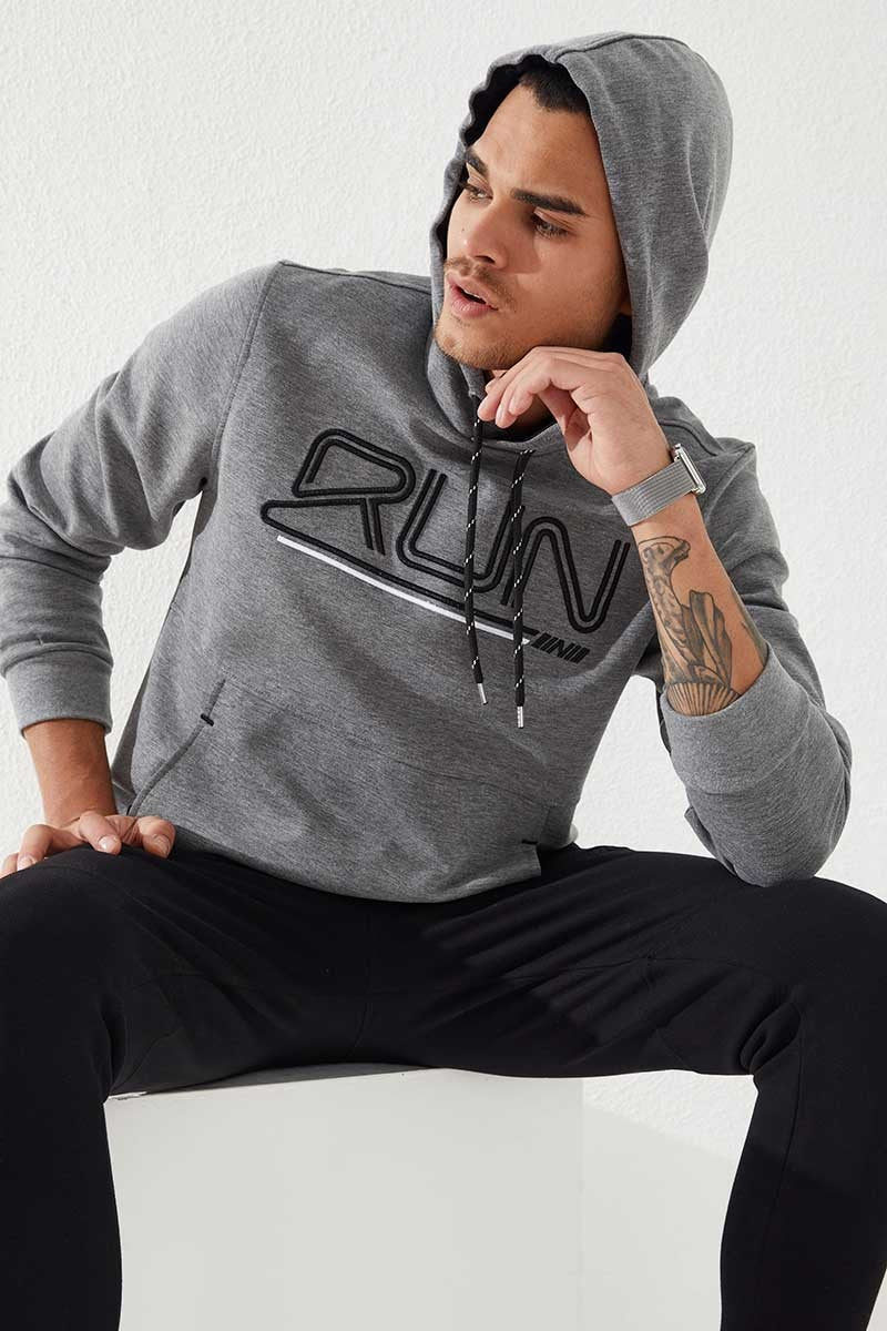 Gri Melanj Yazı Nakışlı Standart Kalıp Kapüşonlu Erkek Sweatshirt - 87887