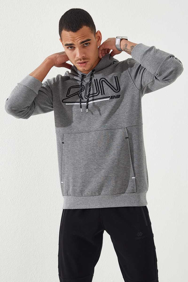 Gri Melanj Yazı Nakışlı Standart Kalıp Kapüşonlu Erkek Sweatshirt - 87887