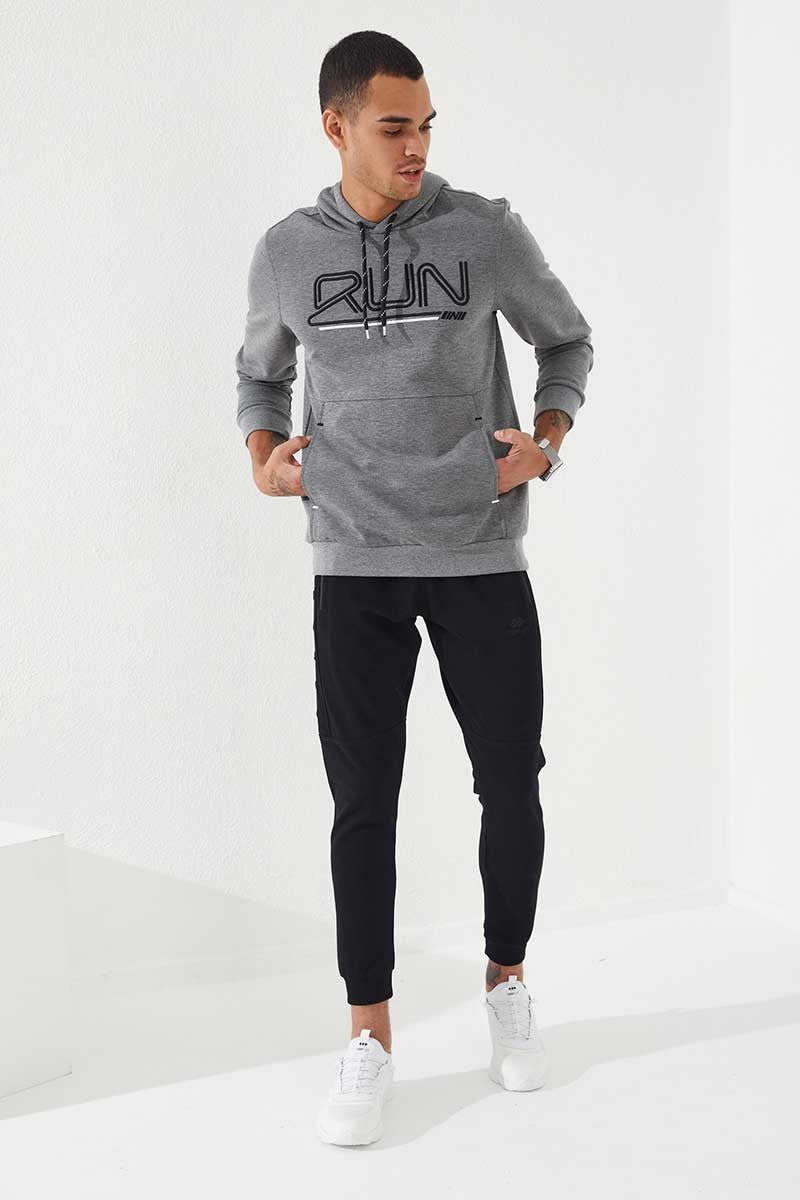 Gri Melanj Yazı Nakışlı Standart Kalıp Kapüşonlu Erkek Sweatshirt - 87887