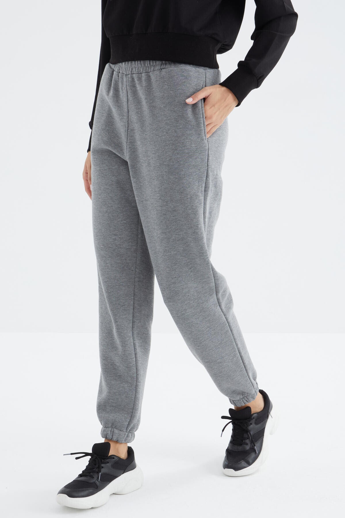 Gri Melanj Yüksek Bel Şardonlu 3 İplik Pamuklu Basic Kadın Eşofman Alt - 94624