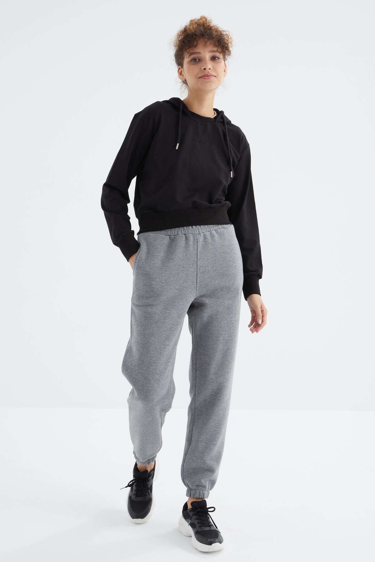 Gri Melanj Yüksek Bel Şardonlu 3 İplik Pamuklu Basic Kadın Eşofman Alt - 94624