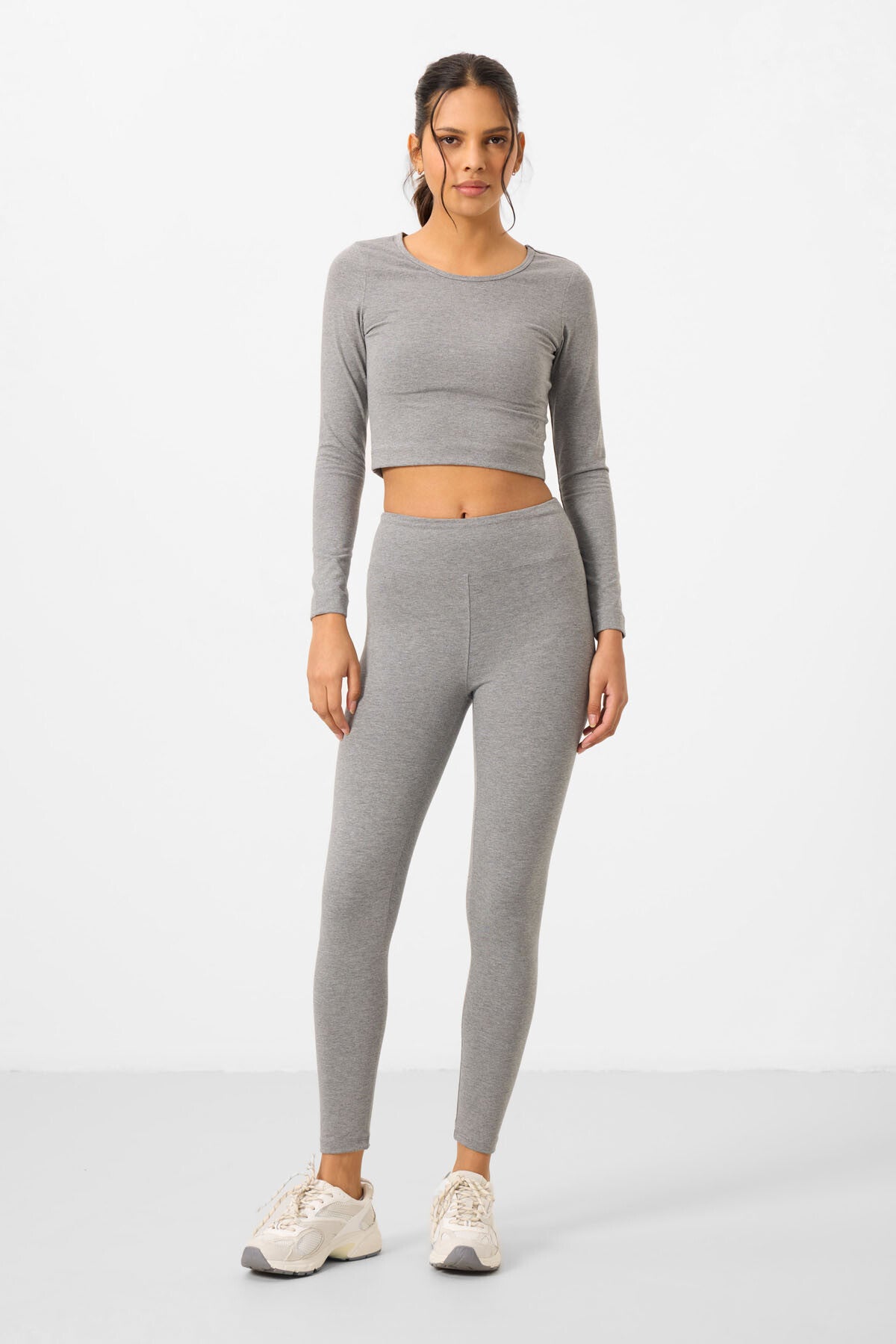 Gri Melanj Yüksek Bel Uzun Kollu Slim Fit Crop Top Kadın Tayt Takım - 95286