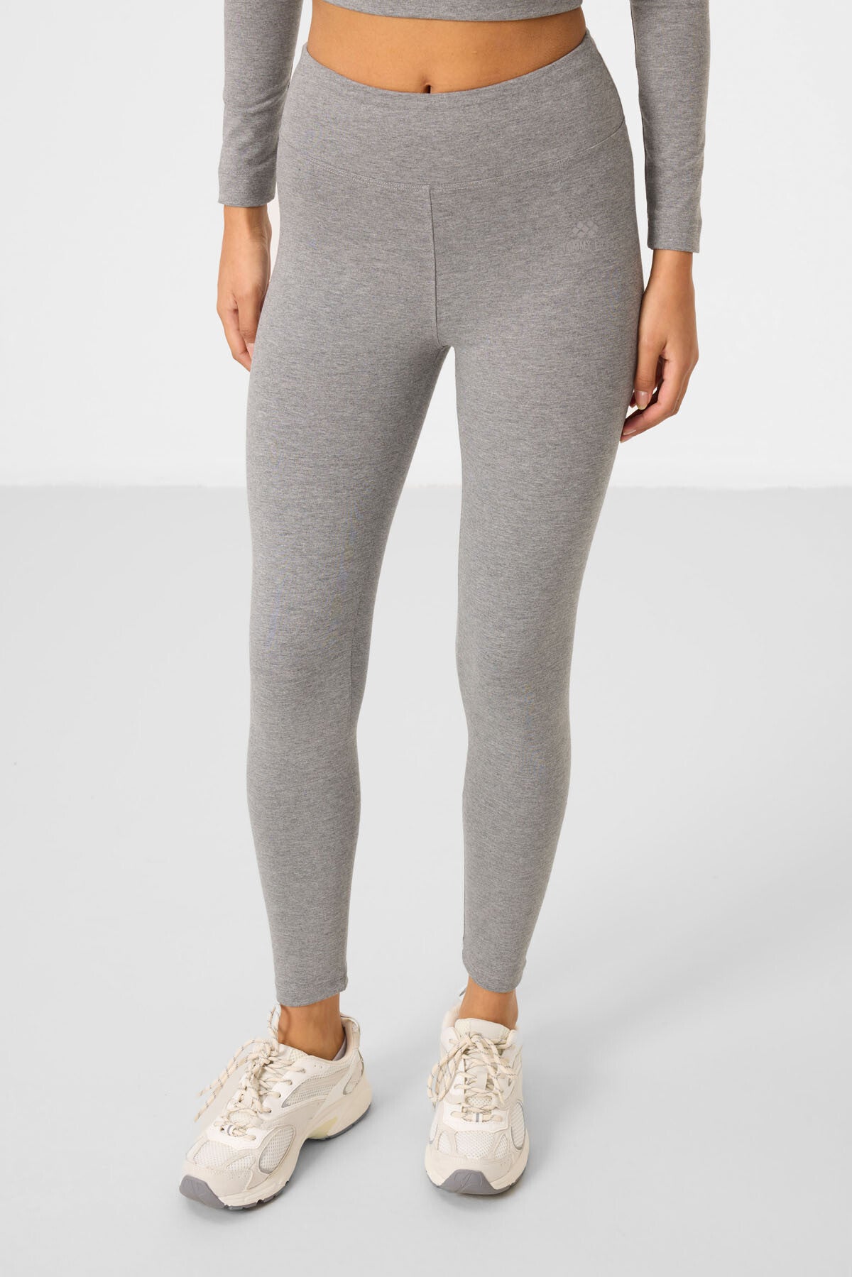 Gri Melanj Yüksek Bel Uzun Kollu Slim Fit Crop Top Kadın Tayt Takım - 95286