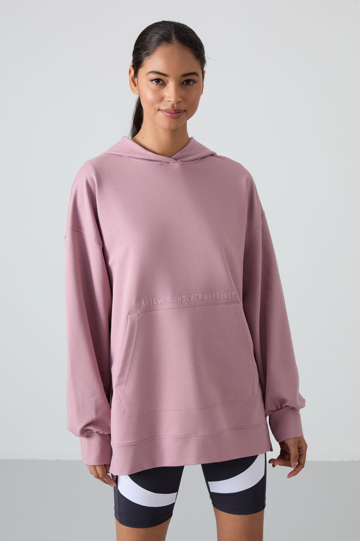 Gül Kurusu Balon Kol Yazı Nakışlı Kadın Oversize Tunik Sweatshirt - 97163