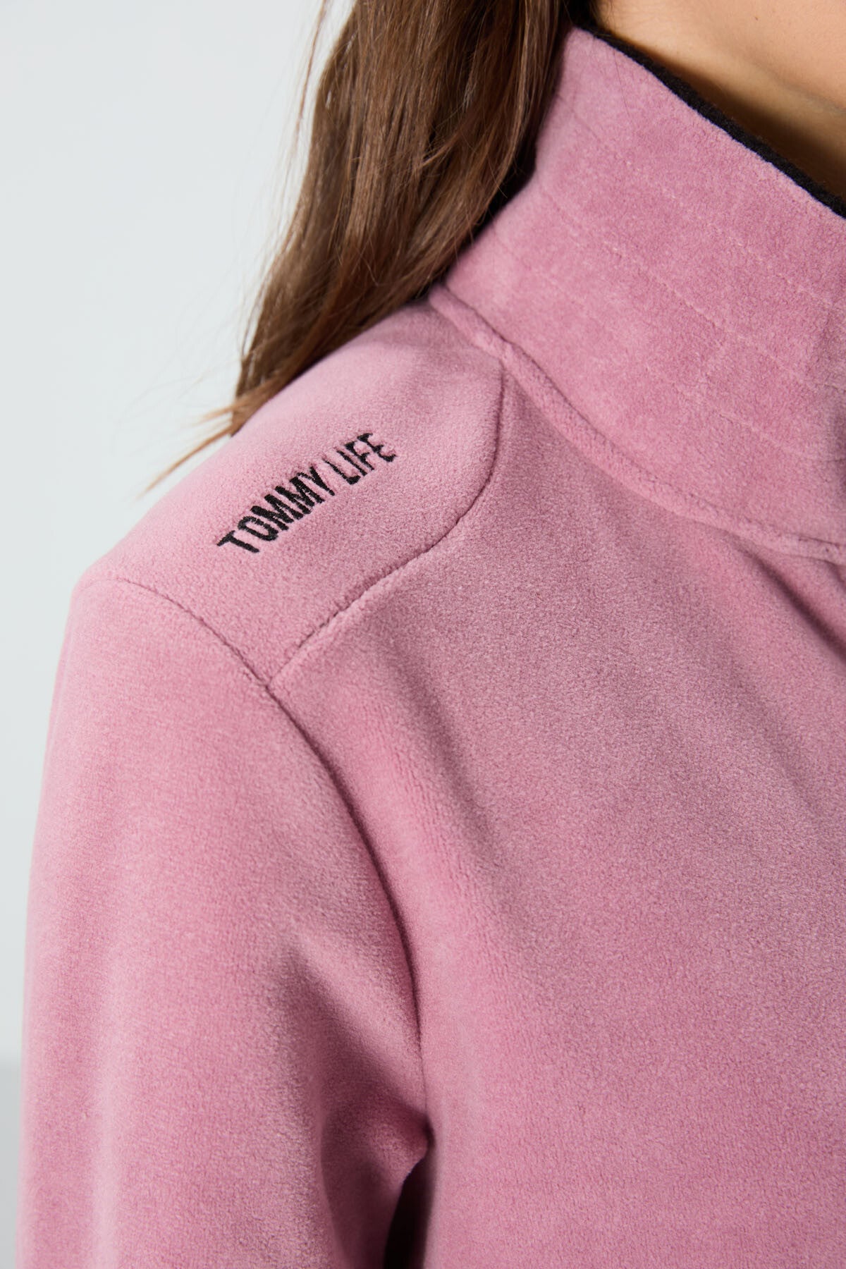 Gül Kurusu Dik Yaka Fermuarlı Rahat Form Kadın Polar Sweatshirt - 97173