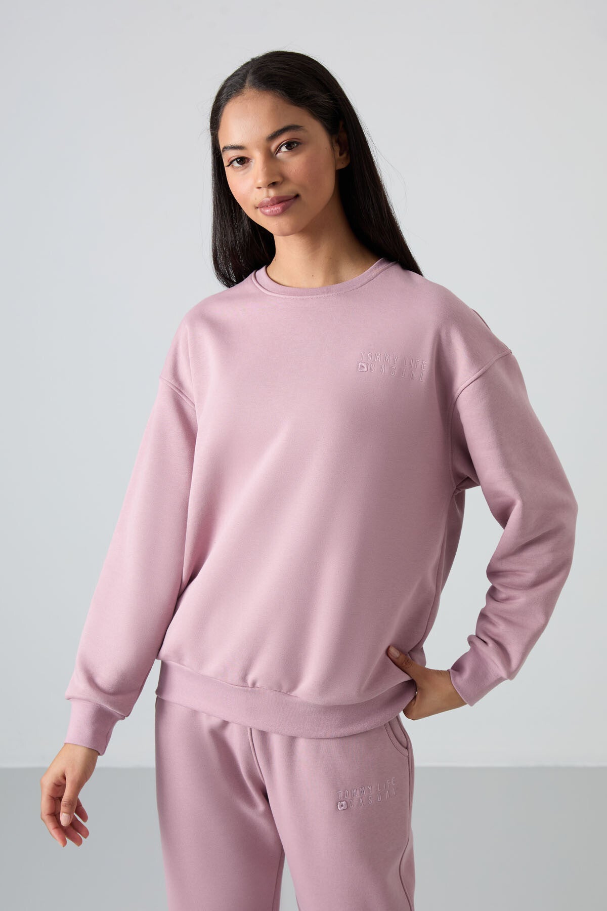 Gül Kurusu Basic Pamuklu O Yaka Oversize Lastik Paça Kadın Eşofman Takım - 95287