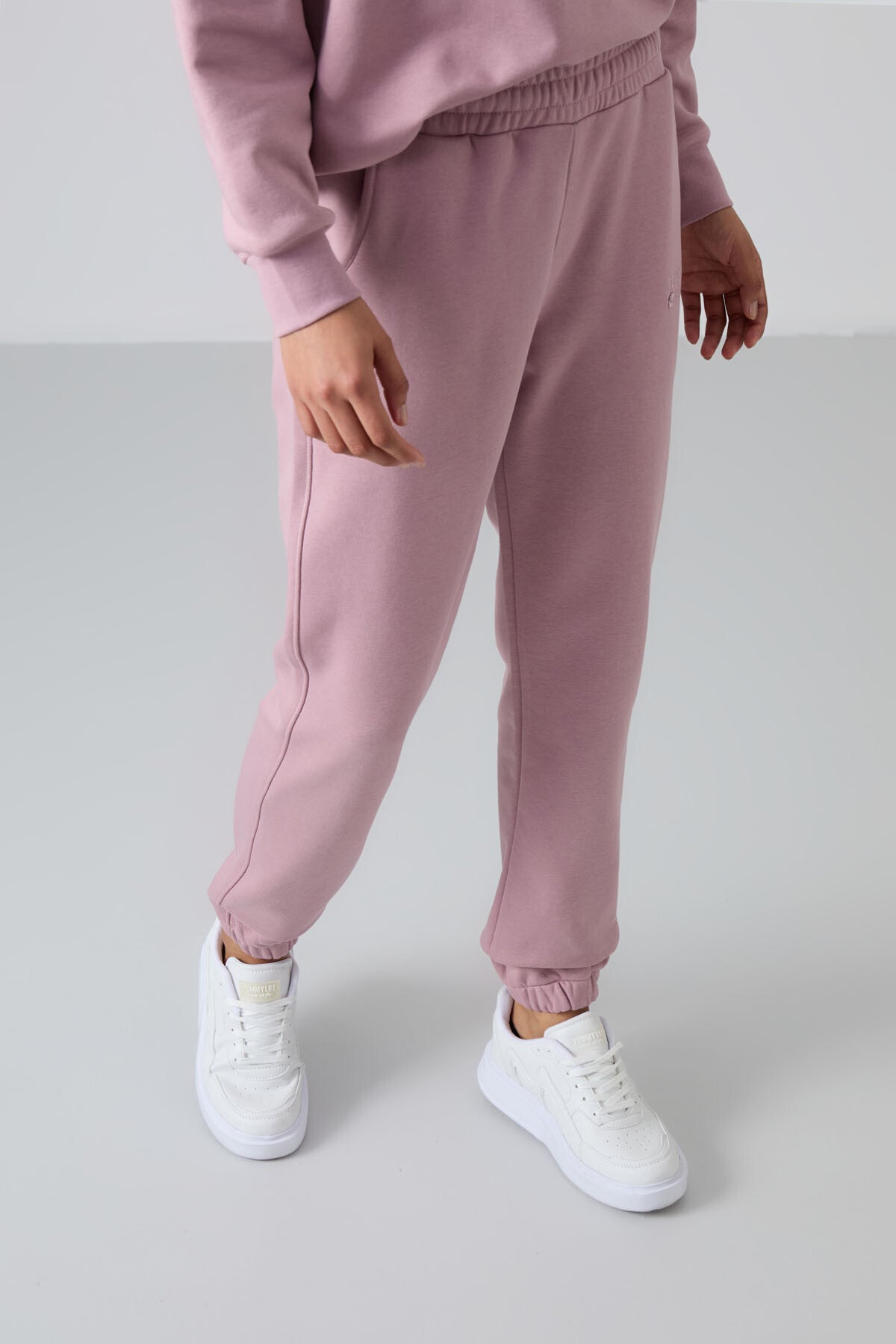 Gül Kurusu Basic Pamuklu O Yaka Oversize Lastik Paça Kadın Eşofman Takım - 95287