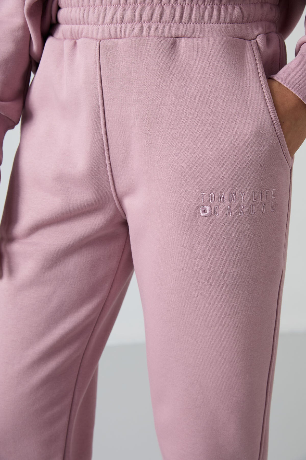 Gül Kurusu Basic Pamuklu O Yaka Oversize Lastik Paça Kadın Eşofman Takım - 95287