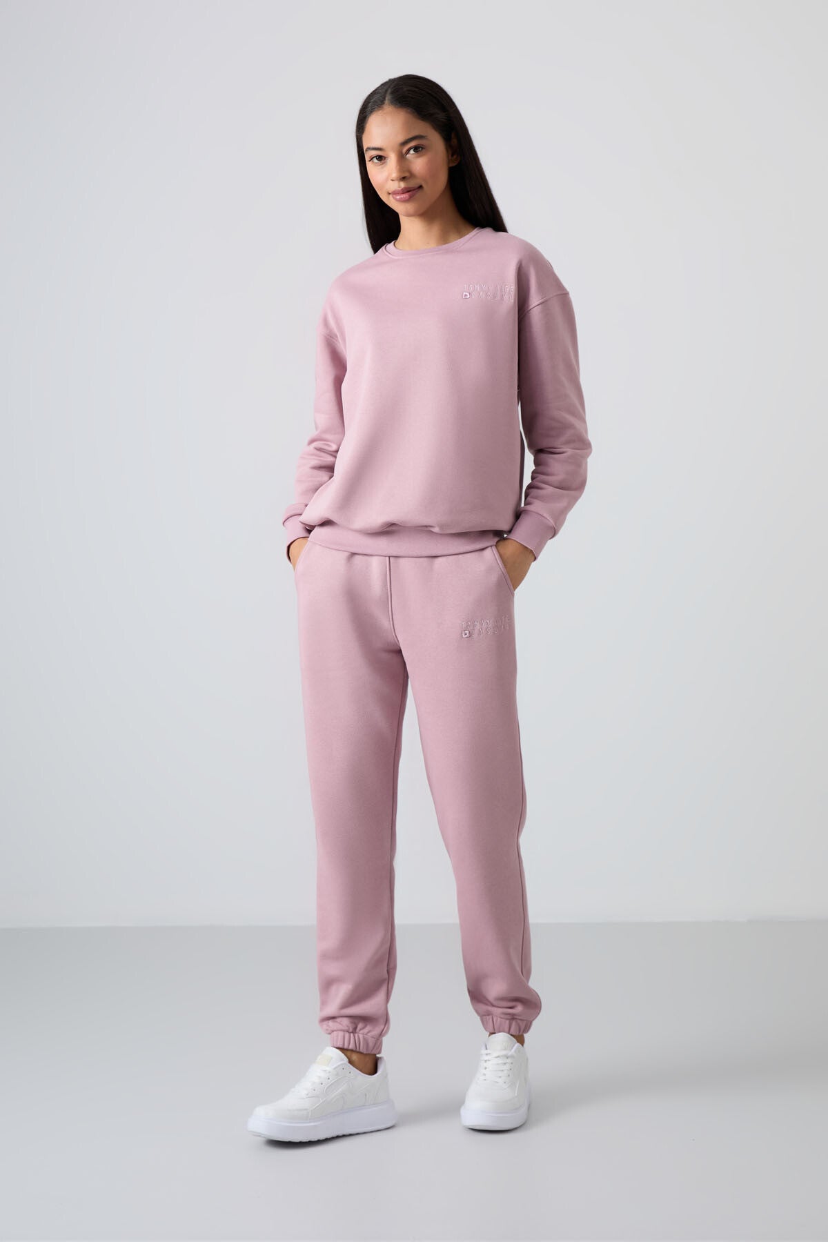 Gül Kurusu Basic Pamuklu O Yaka Oversize Lastik Paça Kadın Eşofman Takım - 95287