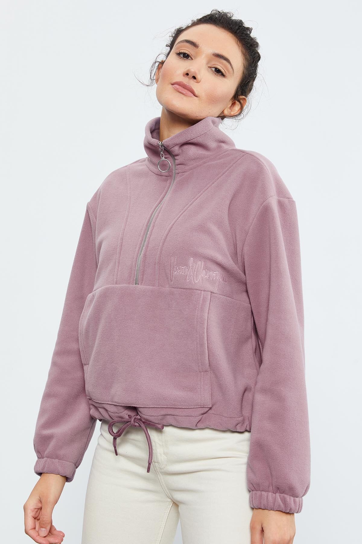 Gül Kurusu Yarım Fermuar Etek Ucu Büzgülü Kadın Polar Oversize Sweatshirt - 97171