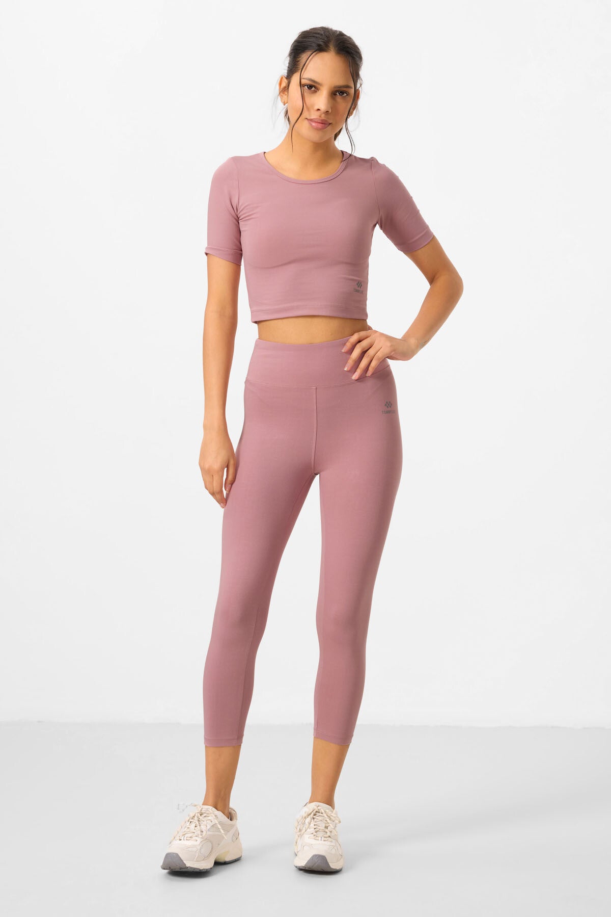 Gül Kurusu Yüksek Bel Kapri-Crop T-Shirt Slim Fit Kadın Tayt Takım - 95285