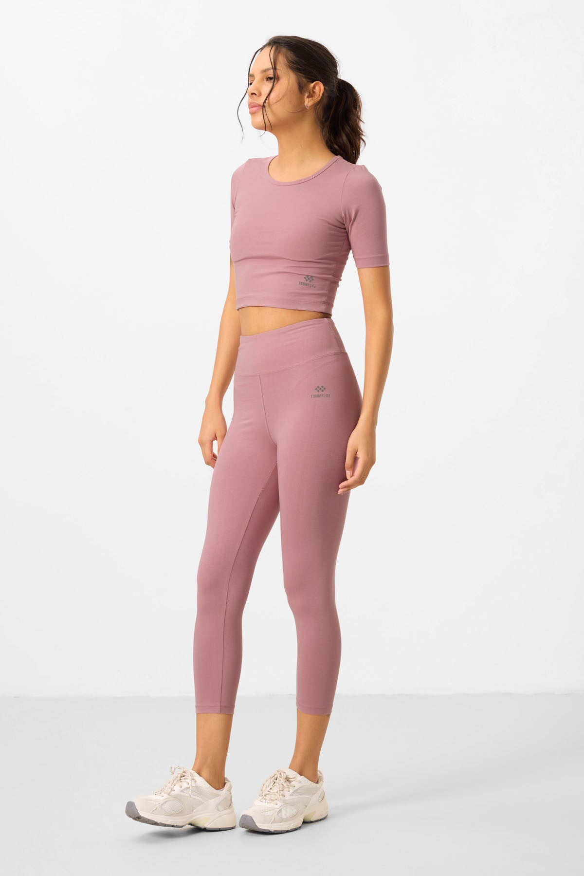 Gül Kurusu Yüksek Bel Kapri-Crop T-Shirt Slim Fit Kadın Tayt Takım - 95285