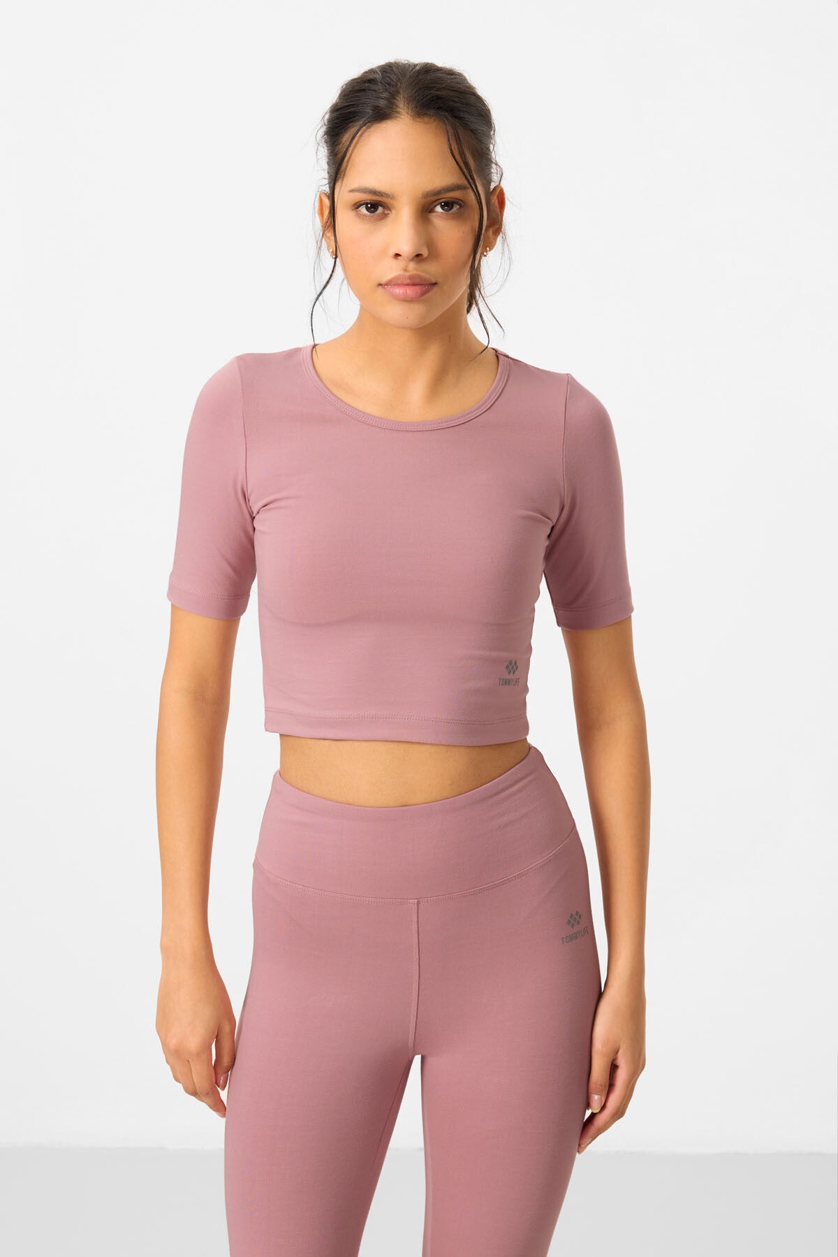 Gül Kurusu Yüksek Bel Kapri-Crop T-Shirt Slim Fit Kadın Tayt Takım - 95285