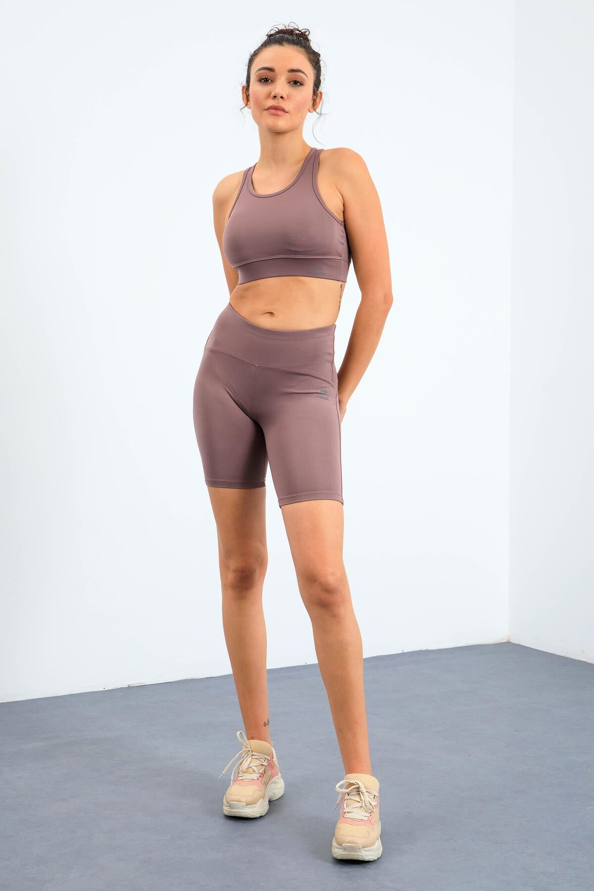 Gül Kurusu Yüksek Bel Toparlayıcı Slim Fit Büstiyer Biker Kadın Tayt Takım - 95303