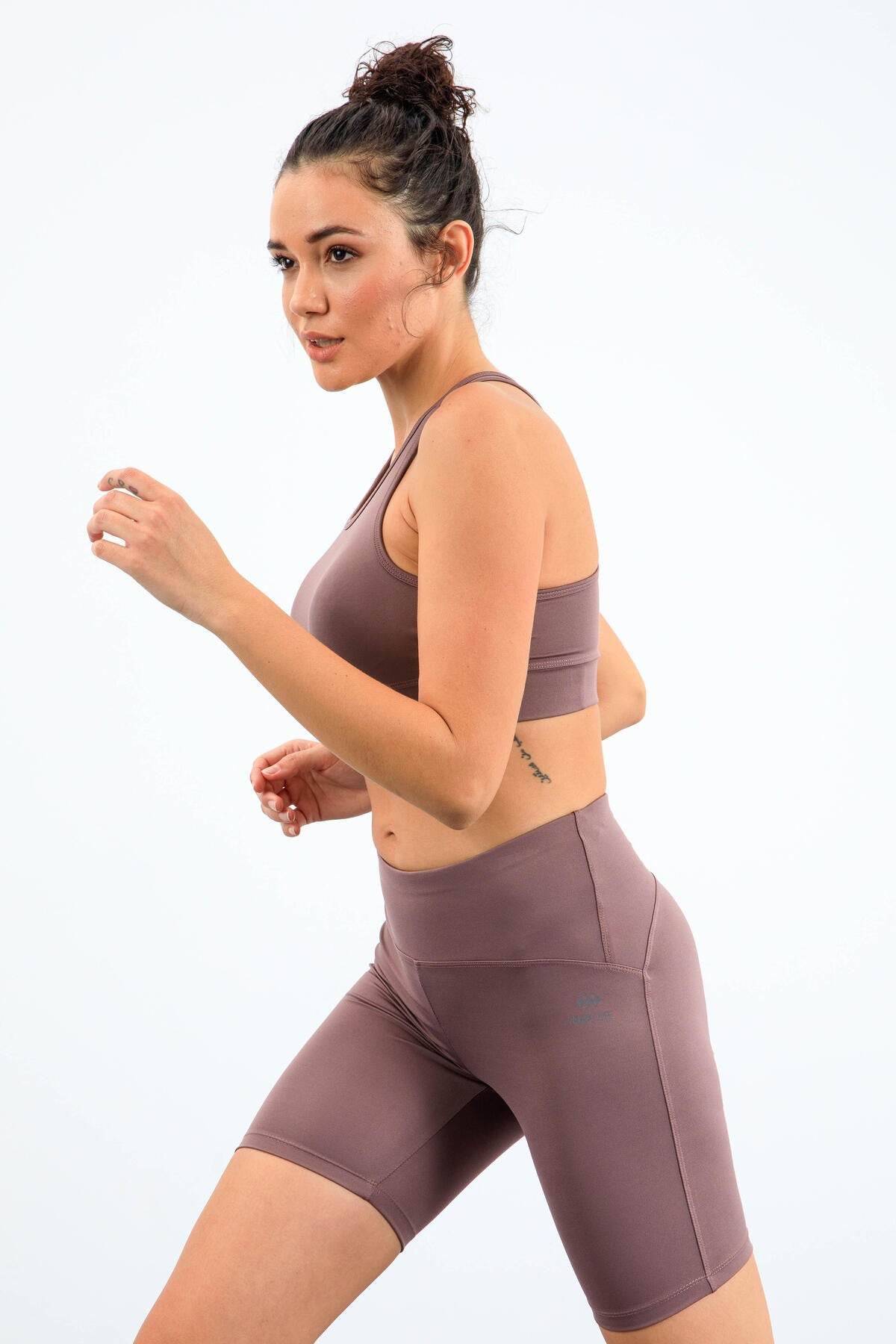 Gül Kurusu Yüksek Bel Toparlayıcı Slim Fit Büstiyer Biker Kadın Tayt Takım - 95303