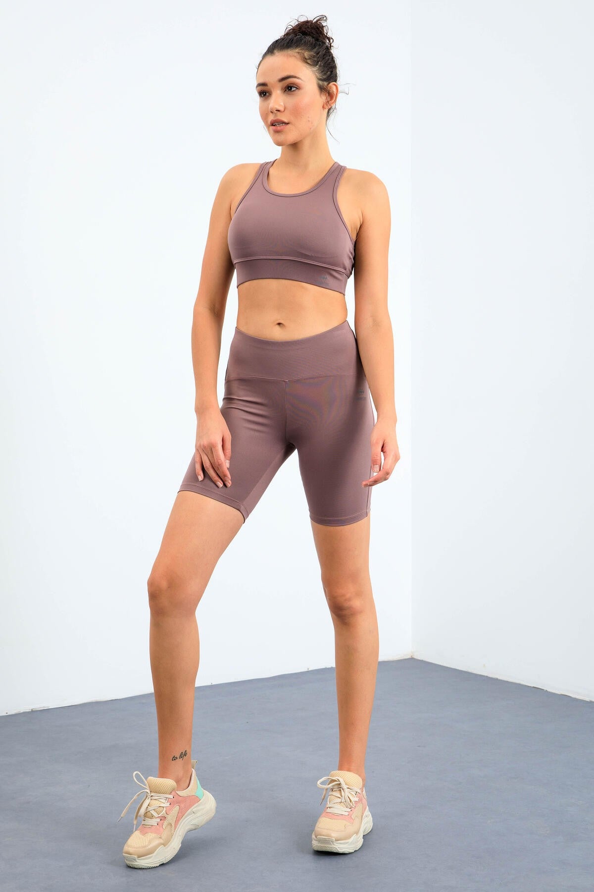 Gül Kurusu Yüksek Bel Toparlayıcı Slim Fit Büstiyer Biker Kadın Tayt Takım - 95303