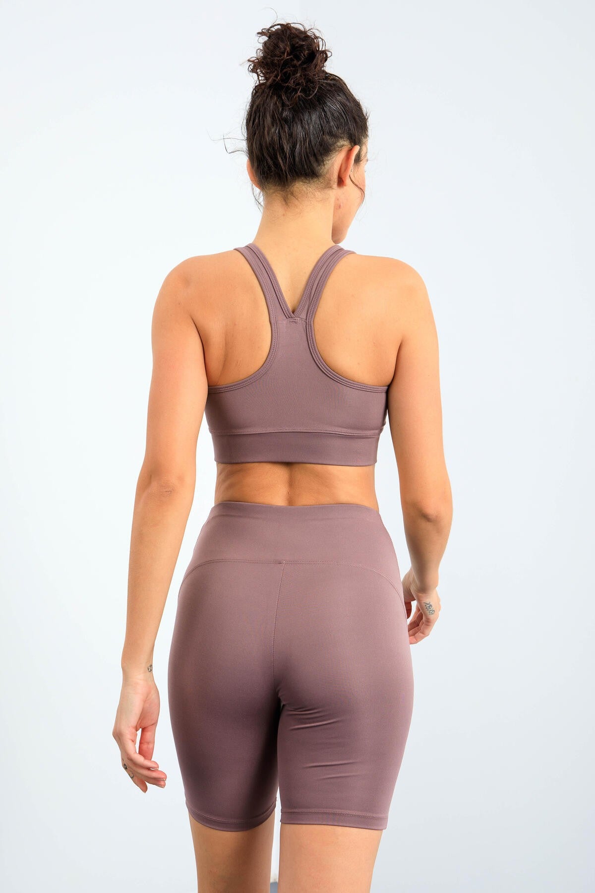 Gül Kurusu Yüksek Bel Toparlayıcı Slim Fit Büstiyer Biker Kadın Tayt Takım - 95303