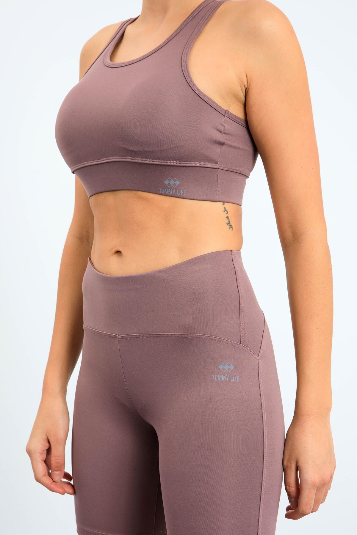 Gül Kurusu Yüksek Bel Toparlayıcı Slim Fit Büstiyer Biker Kadın Tayt Takım - 95303