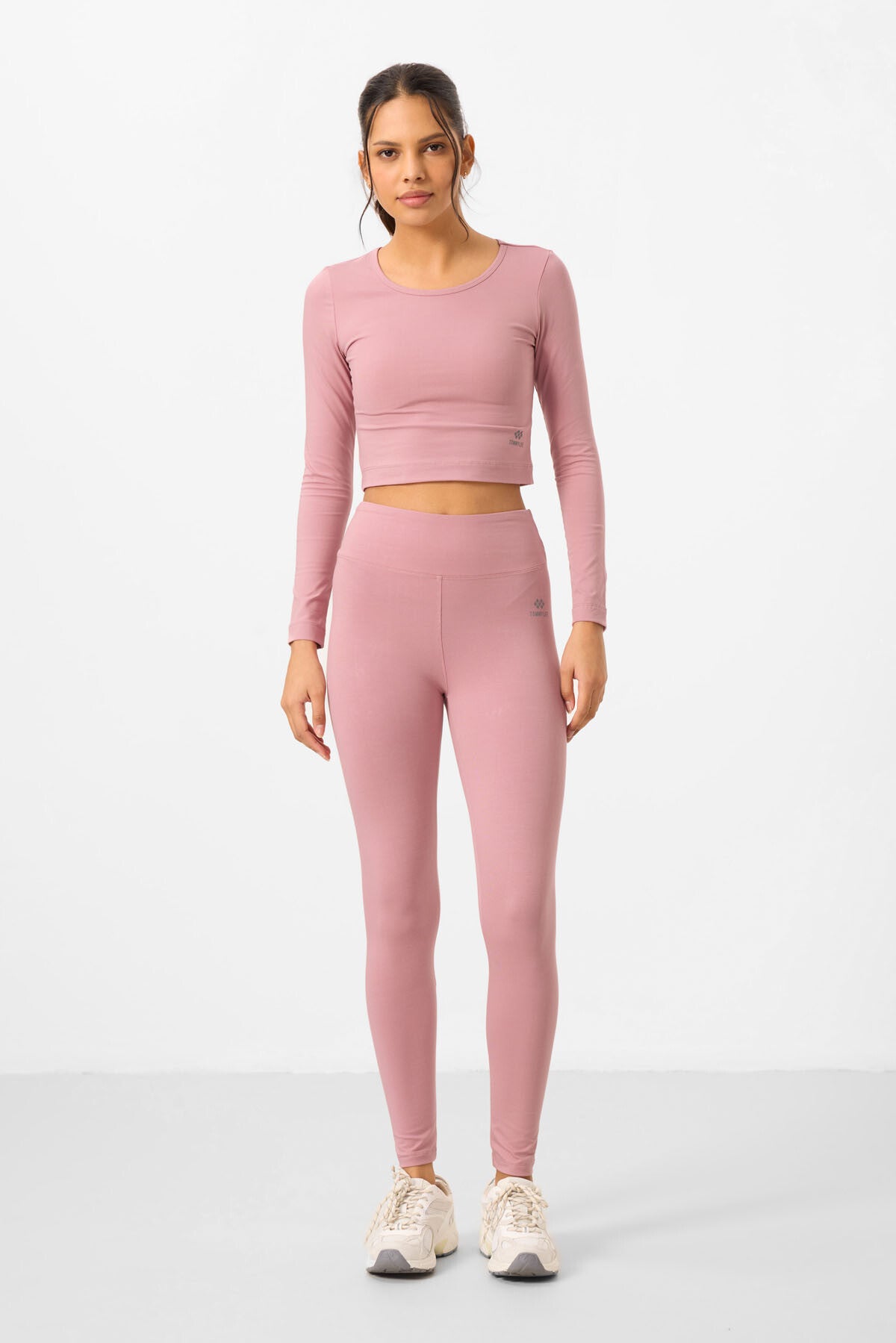 Gül Kurusu Yüksek Bel Uzun Kollu Slim Fit Crop Top Kadın Tayt Takım - 95286