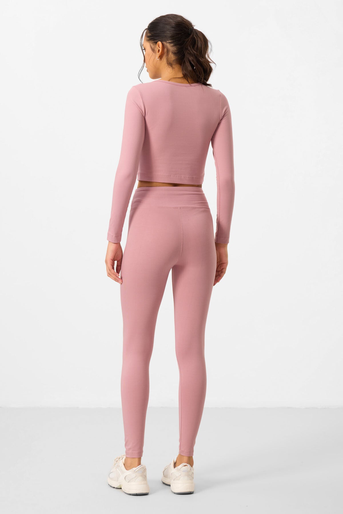 Gül Kurusu Yüksek Bel Uzun Kollu Slim Fit Crop Top Kadın Tayt Takım - 95286