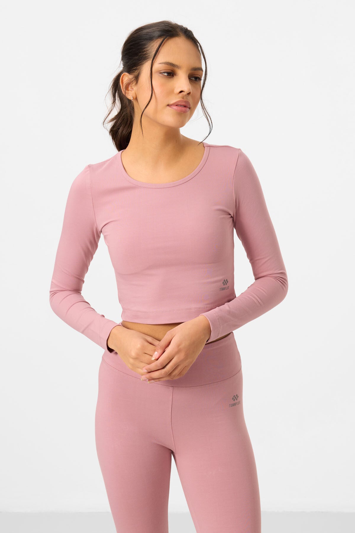 Gül Kurusu Yüksek Bel Uzun Kollu Slim Fit Crop Top Kadın Tayt Takım - 95286