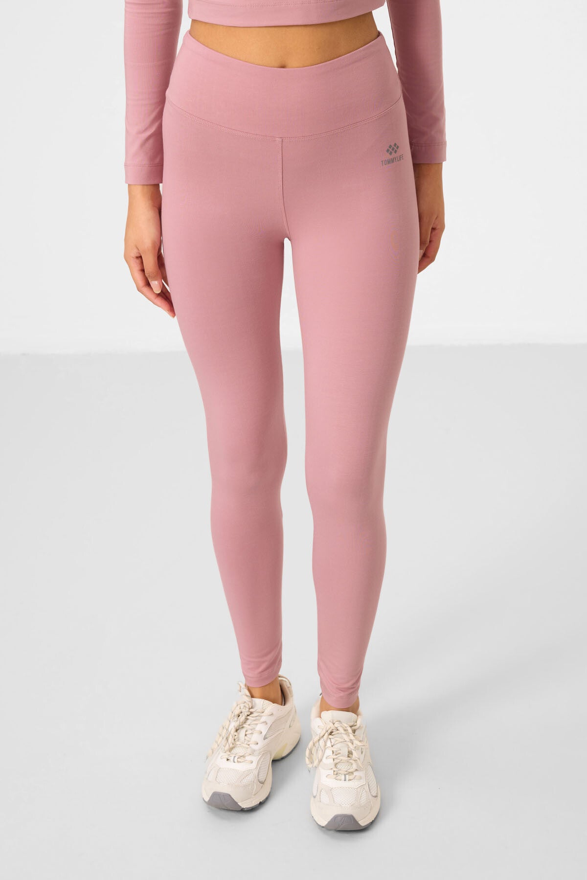 Gül Kurusu Yüksek Bel Uzun Kollu Slim Fit Crop Top Kadın Tayt Takım - 95286