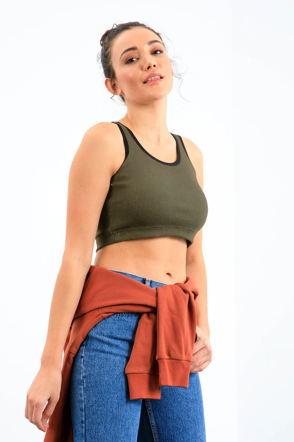 Haki Basic Sıfır Kol Dar Kalıp U Yaka Kadın Crop Top Atlet - 97160