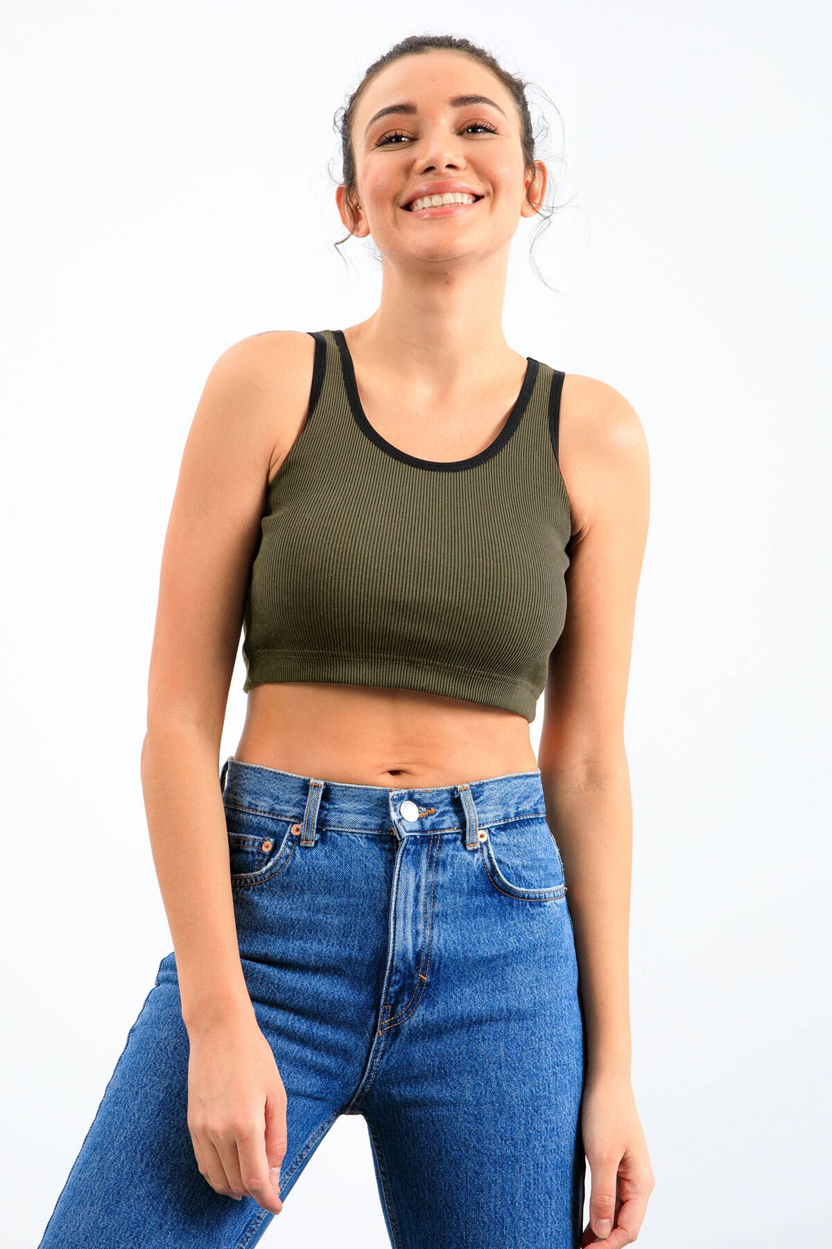 Haki Basic Sıfır Kol Dar Kalıp U Yaka Kadın Crop Top Atlet - 97160