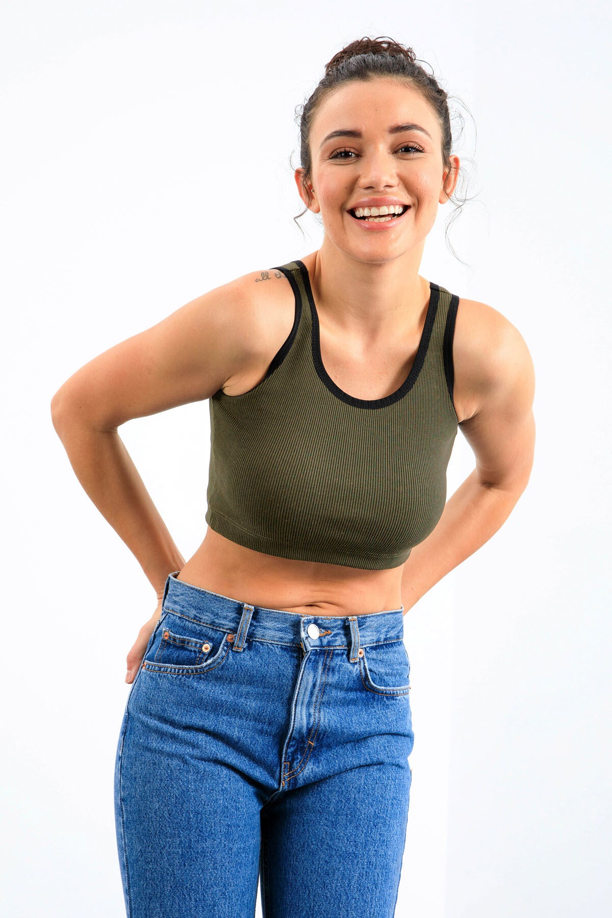 Haki Basic Sıfır Kol Dar Kalıp U Yaka Kadın Crop Top Atlet - 97160