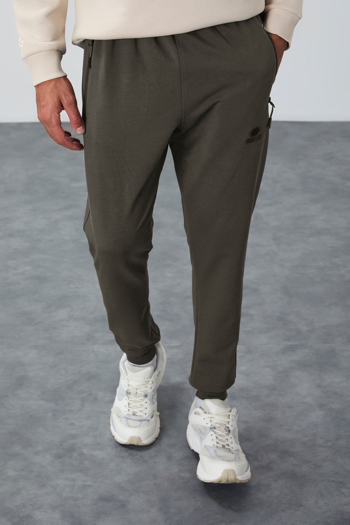 Haki Fermuar Cepli Standart Kalıp Jogger Erkek Eşofman Alt - 84651