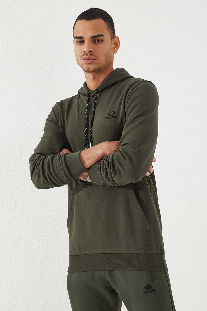 Haki Kanguru Cep Standart Kalıp Kapüşonlu Erkek Sweatshirt - 87872