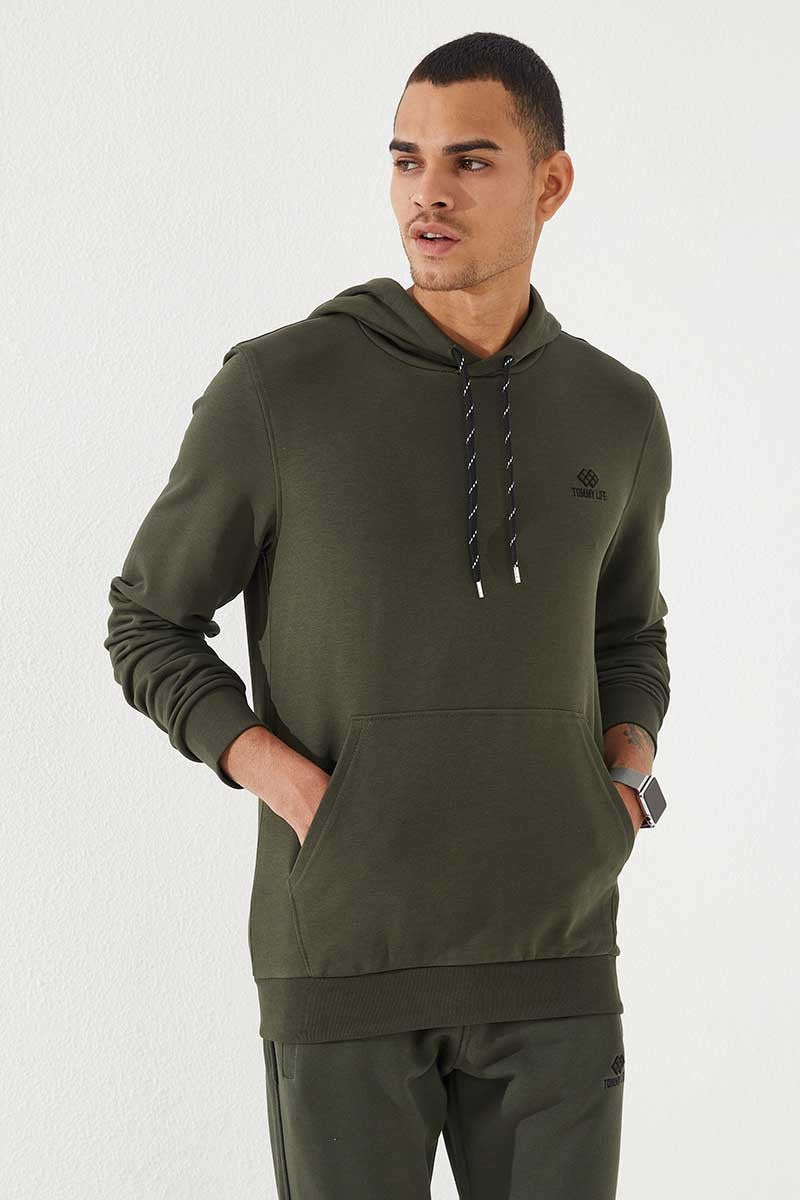 Haki Kanguru Cep Standart Kalıp Kapüşonlu Erkek Sweatshirt - 87872