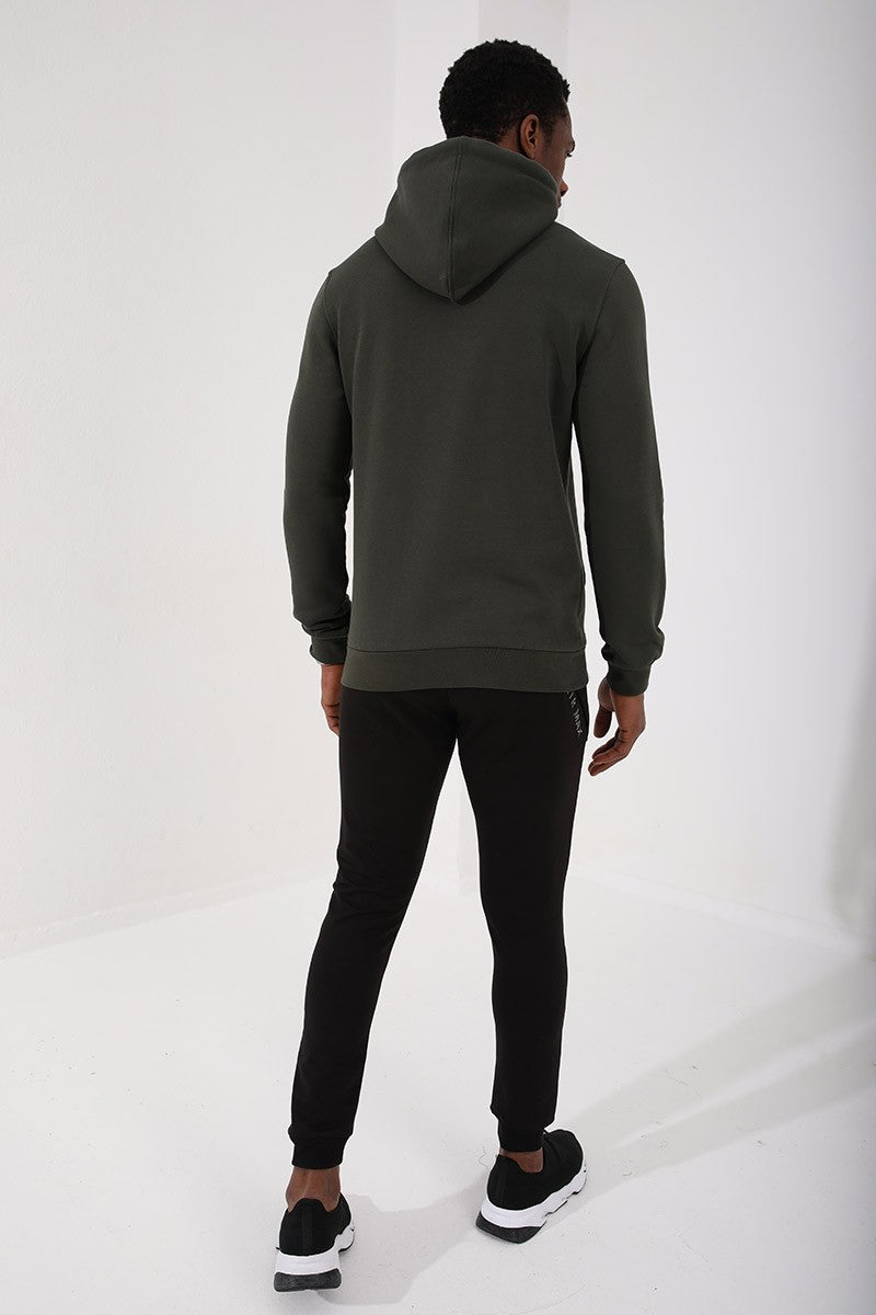 Haki Nakışlı Kanguru Cep Standart Kalıp Kapüşonlu Erkek Sweatshirt - 87839