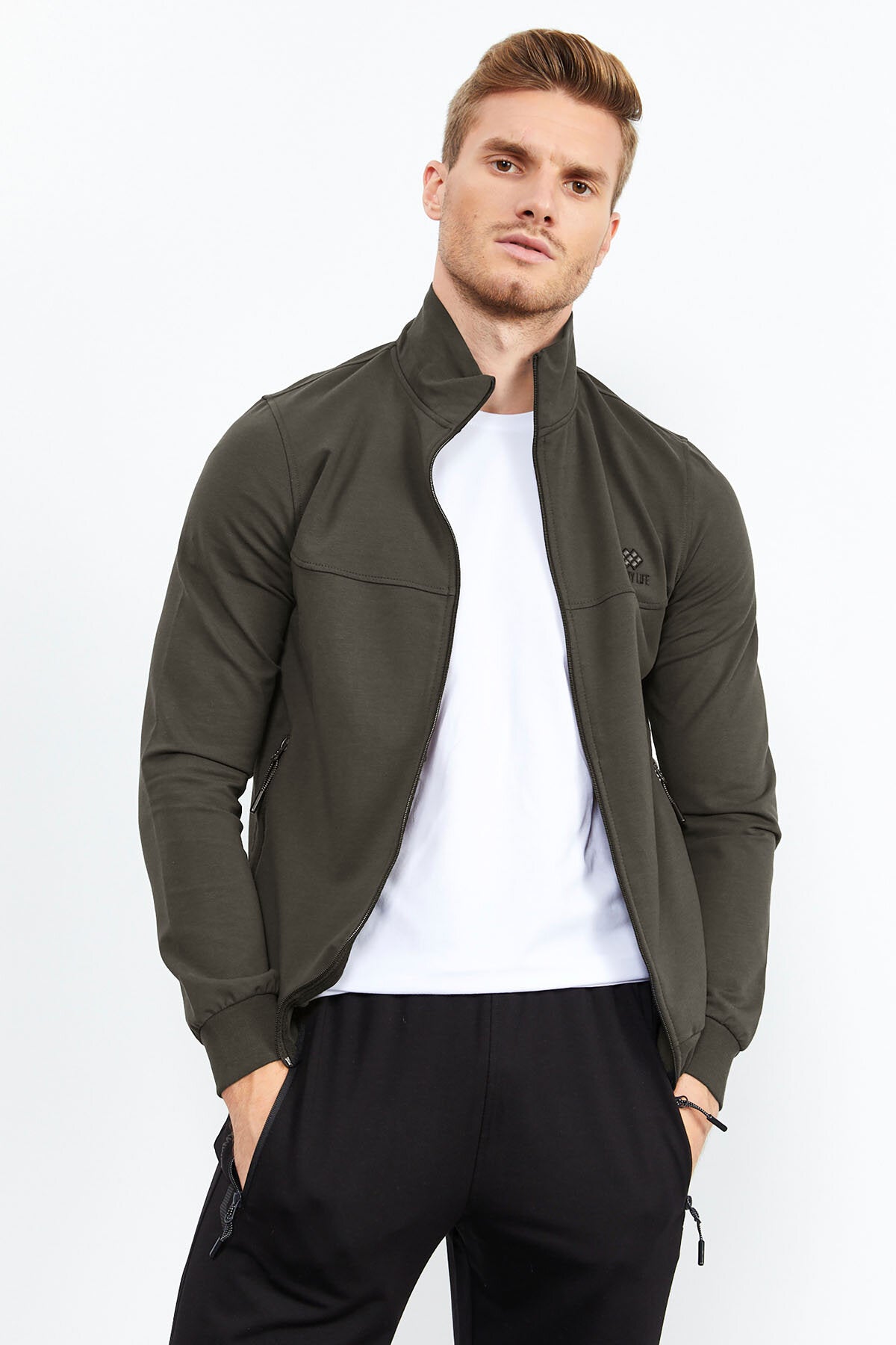 Haki - Siyah Dik Yaka Fermuarlı Standart Kalıp Klasik Paça Erkek Eşofman Takımı - 85152