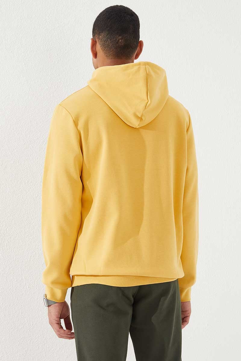 Hardal Kamuflaj Desen Baskılı Standart Kalıp Kapüşonlu Erkek Sweatshirt - 87884