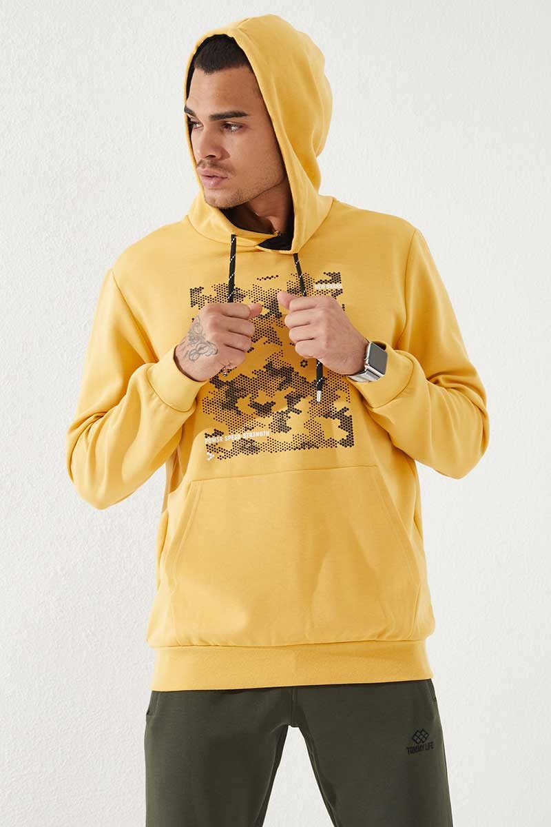 Hardal Kamuflaj Desen Baskılı Standart Kalıp Kapüşonlu Erkek Sweatshirt - 87884