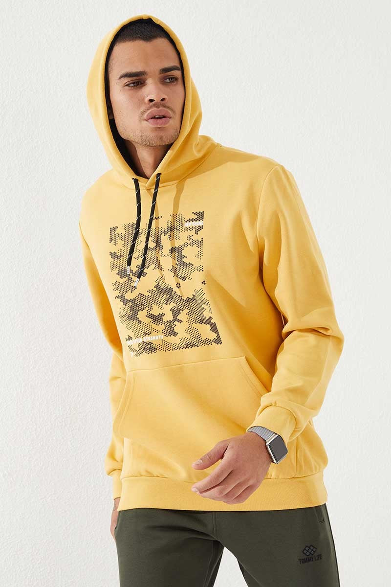 Hardal Kamuflaj Desen Baskılı Standart Kalıp Kapüşonlu Erkek Sweatshirt - 87884