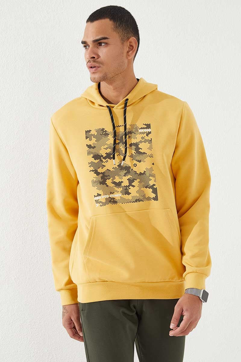 Hardal Kamuflaj Desen Baskılı Standart Kalıp Kapüşonlu Erkek Sweatshirt - 87884