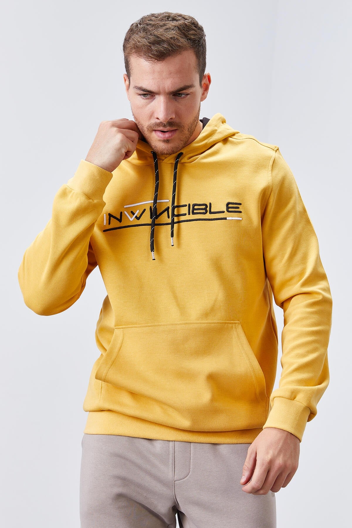 Hardal Kanguru Cep Standart Kalıp Kapüşonlu Erkek Sweatshirt - 87883